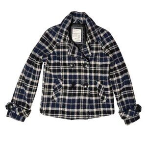 Aeropostale Wool Blue White Black Plaid Double Breasted Peacoat Ladies Medium